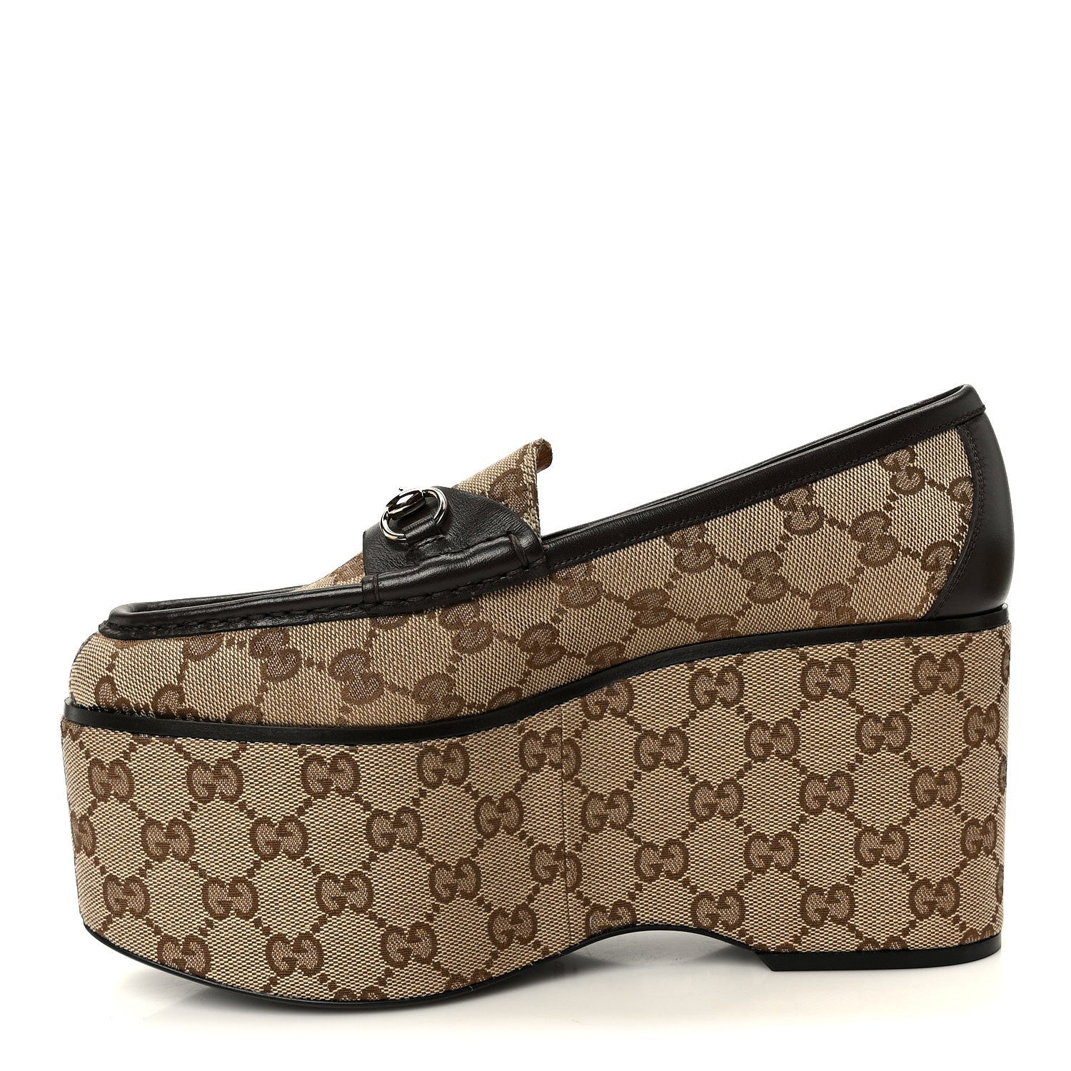 Gucci Canvas GG Monogram Horsebit Calfskin Womens Horsebit Platform Loafers 39.5 Beige Ebony Cocoa