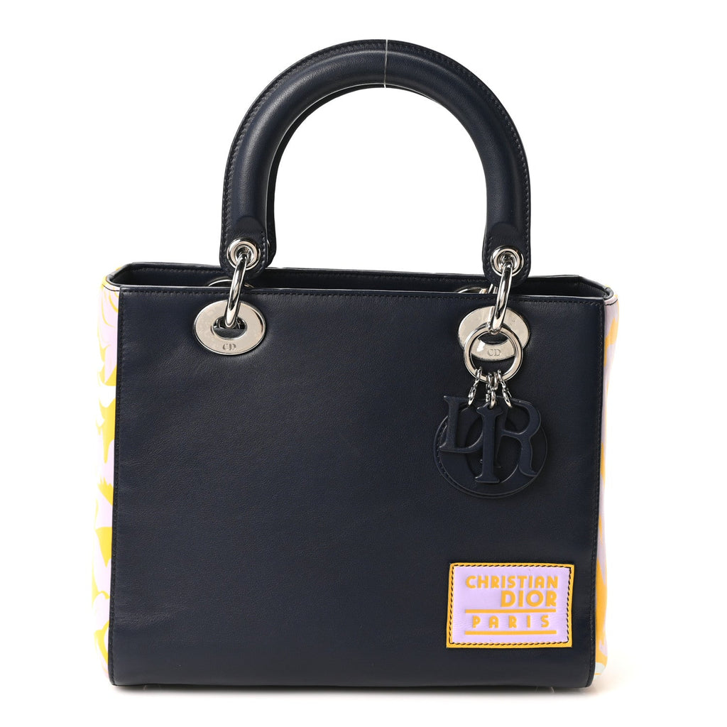 Christian Dior Calfskin Floral Print Medium Lady Dior Navy Blue Multicolor