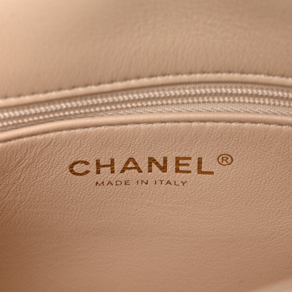 Chanel Lambskin Quilted Metal Enamel Chain Top Handle Square Flap Beige