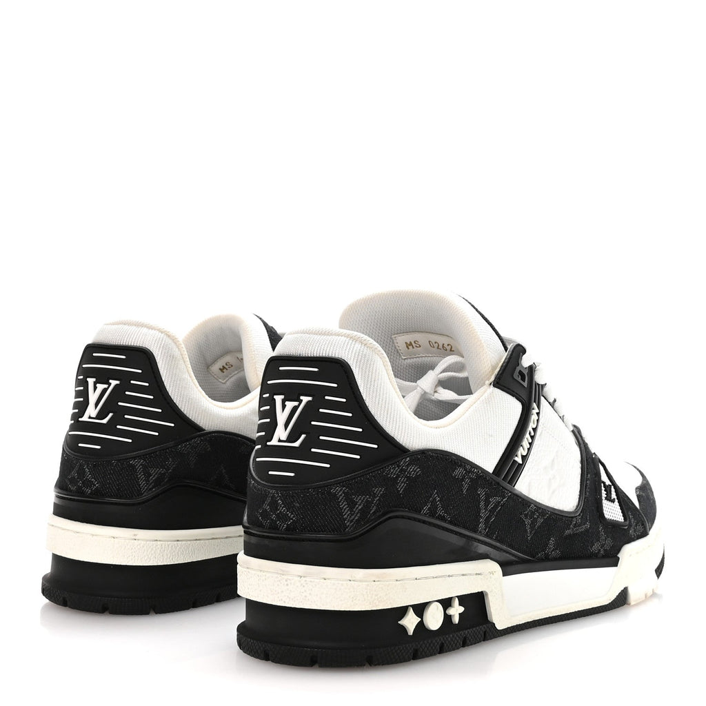 Louis Vuitton Calfskin Monogram Denim Mens LV Trainer Sneakers 8.5 Black