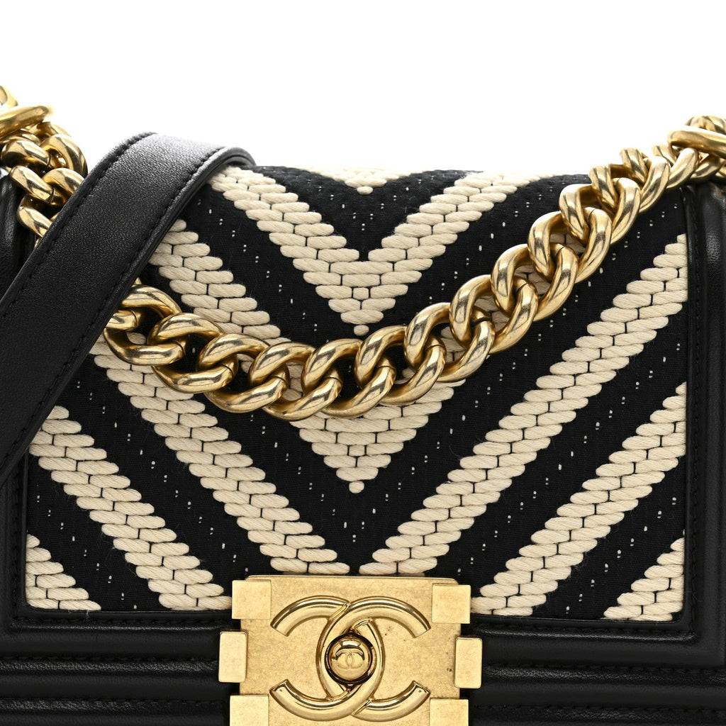 Chanel Fabric Chevron Braided Small Boy Flap Black White