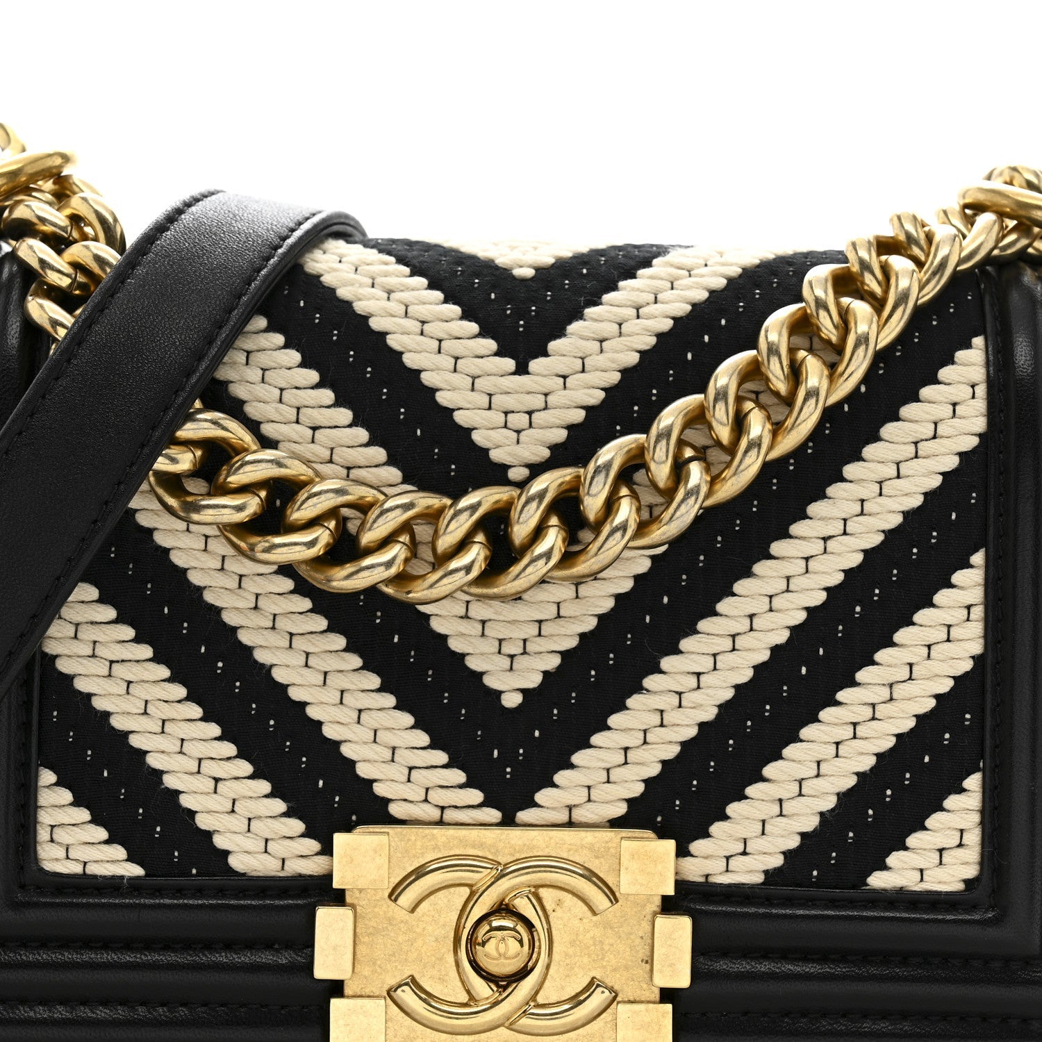 Chanel Fabric Chevron Braided Small Boy Flap Black White
