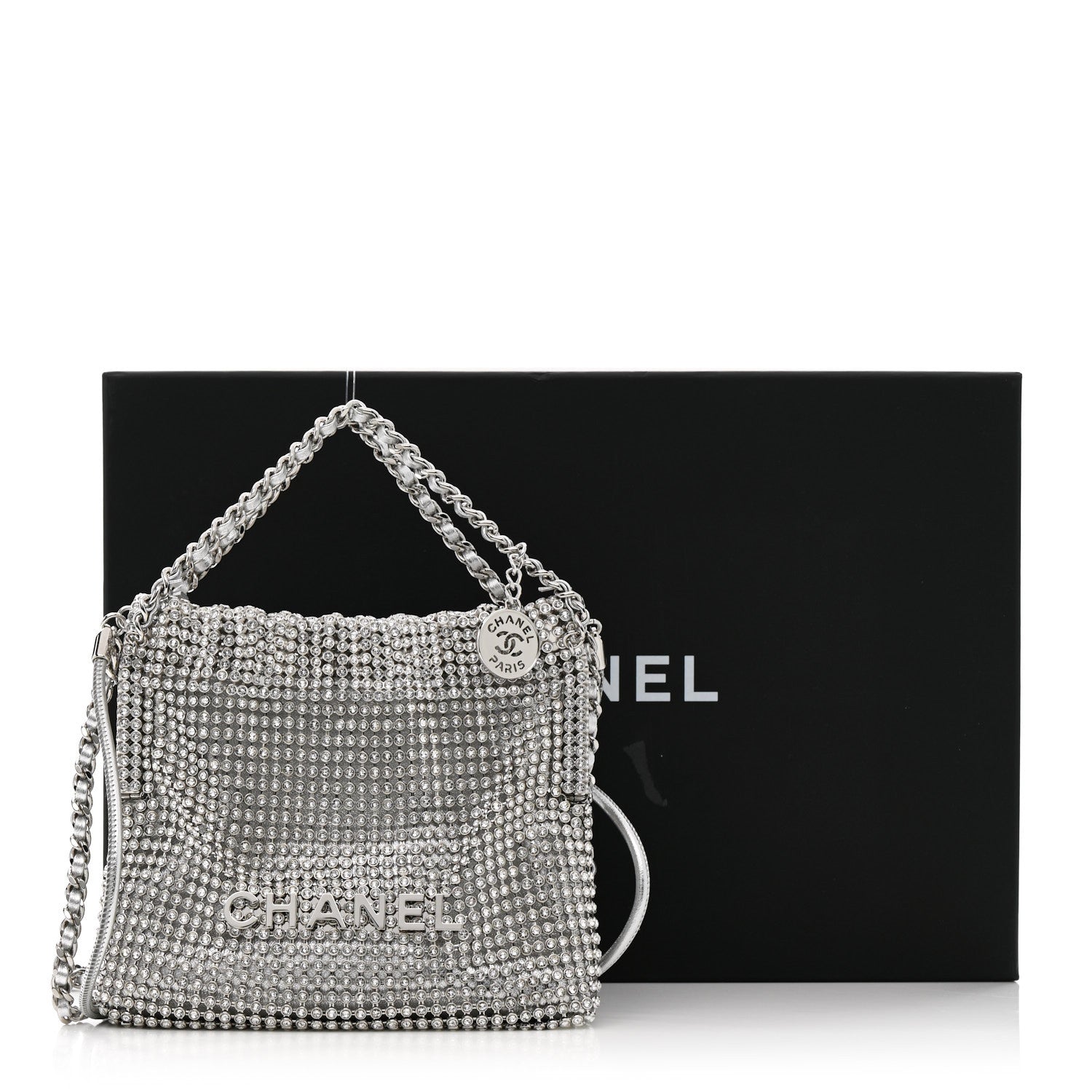 Chanel Crystal Embellished Metallic Lambskin Mini Chanel 22 Silver