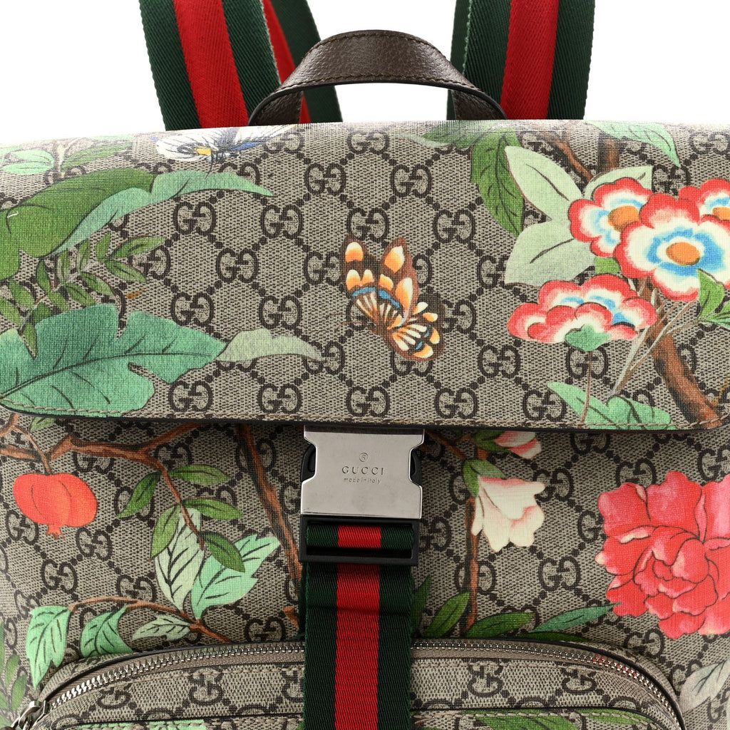 Gucci GG Supreme Monogram Tian Web Single Buckle Backpack Beige Multicolor New Acero