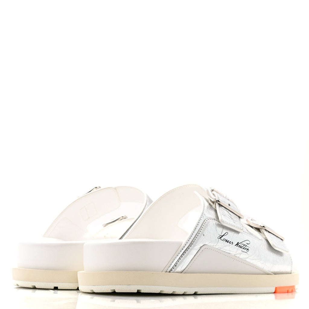 Louis Vuitton Metallic Mix Materials Mens LV Script Trainer Mules 11 Silver Multicolor