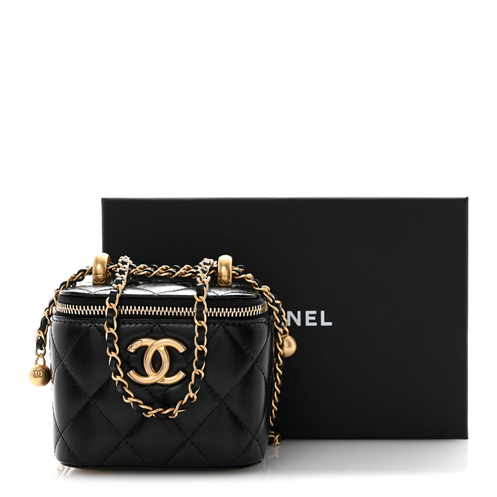 Chanel Calfskin Quilted Mini Perfect Fit Vanity Case With Chain Black