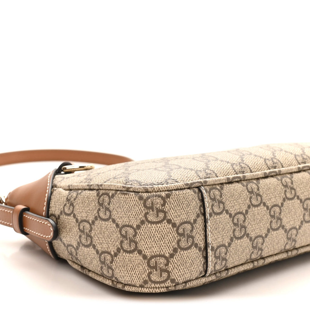 Gucci GG Supreme Monogram Textured Calfskin Small Emblem Shoulder Bag Beige Dark Brown