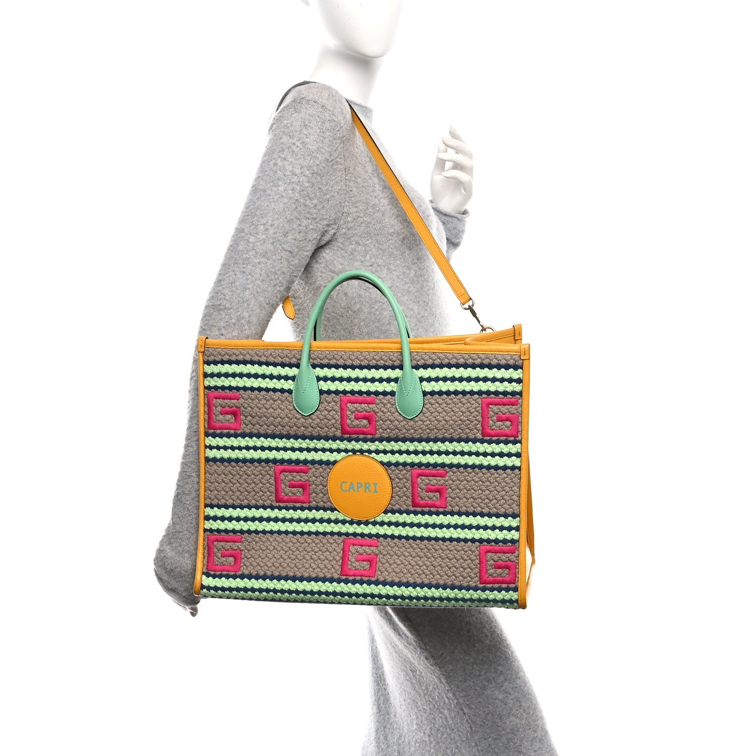 Gucci Fabric Embroidered Capri Striped Tote Bag Yellow