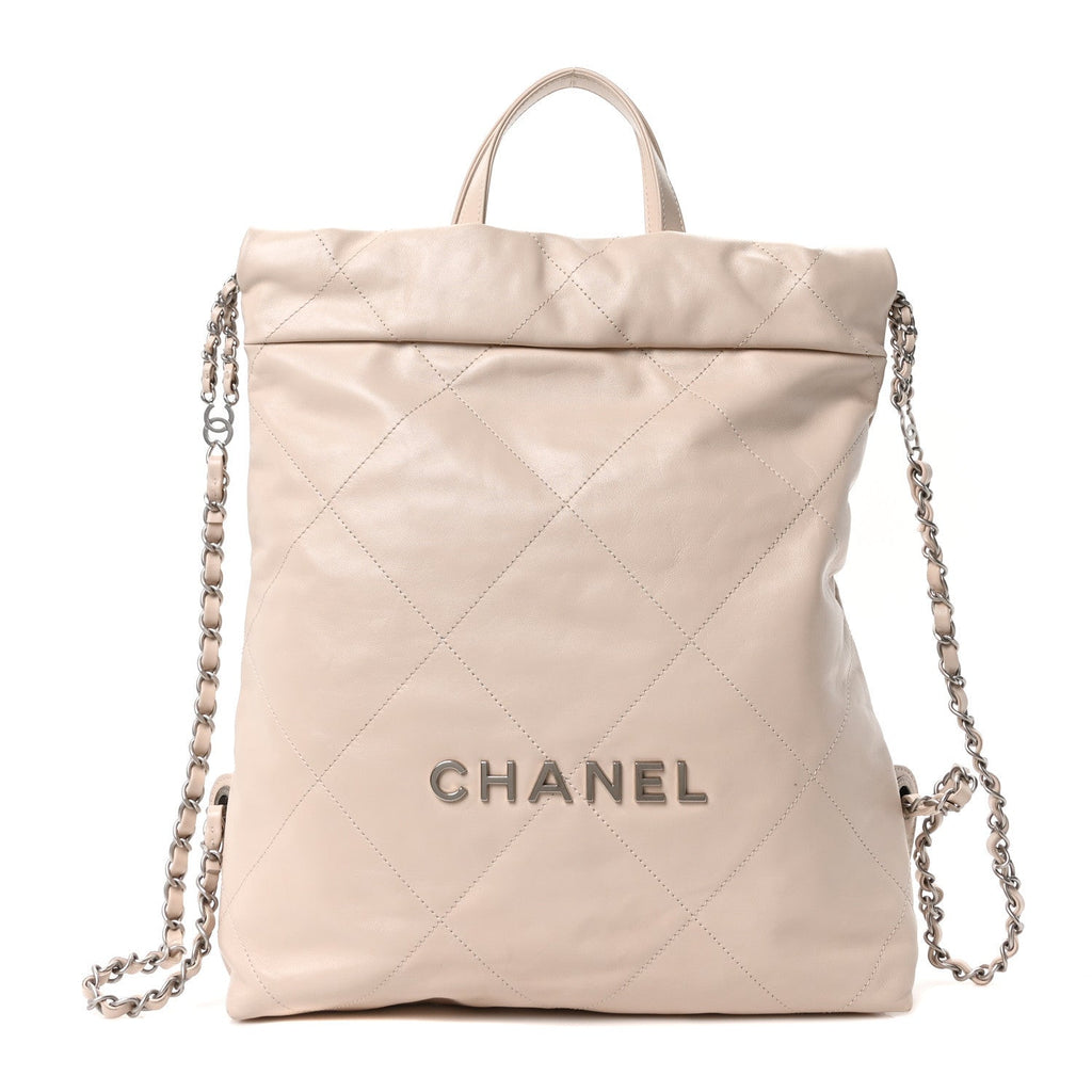 Chanel Shiny Calfskin Quilted Chanel 22 Backpack Beige