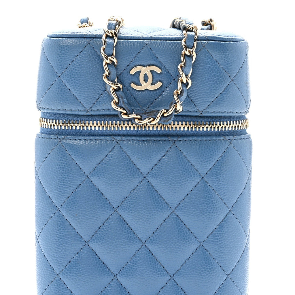 Chanel Caviar Quilted Phone Holder With Chain Blue