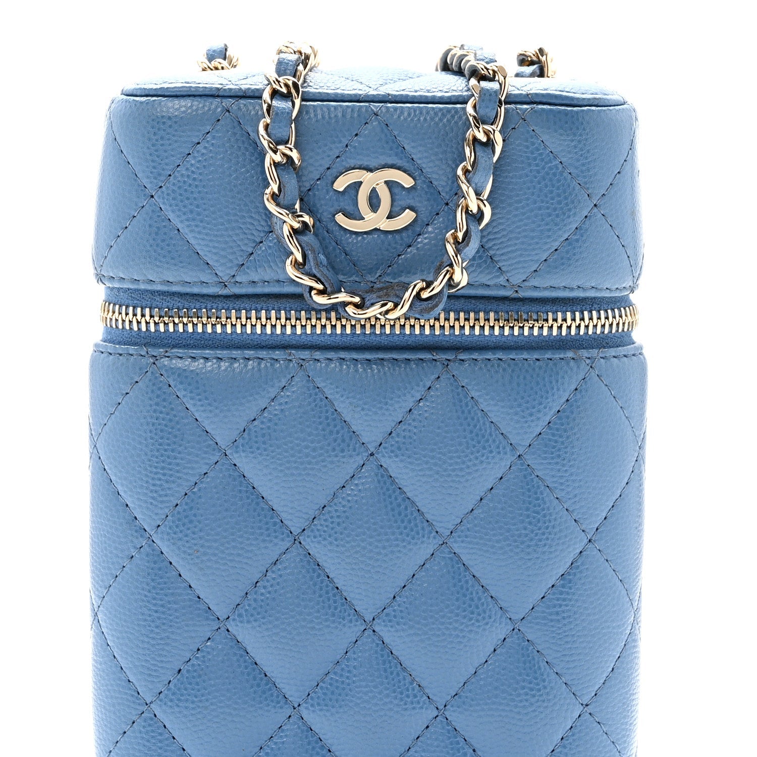 Chanel Caviar Quilted Phone Holder With Chain Blue