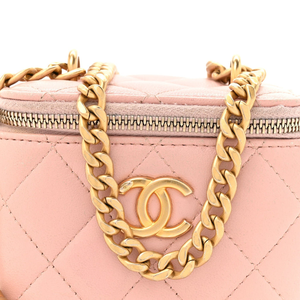 Chanel Lambskin Quilted Mini Sweet Camellia Vanity Case With Chain Pink