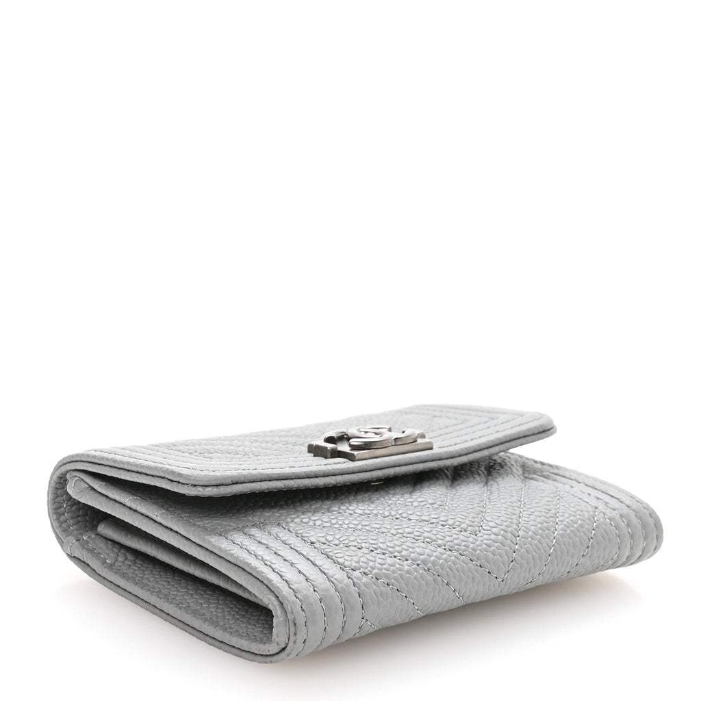 Caviar Chevron Quilted Boy Card Holder Wallet Grey