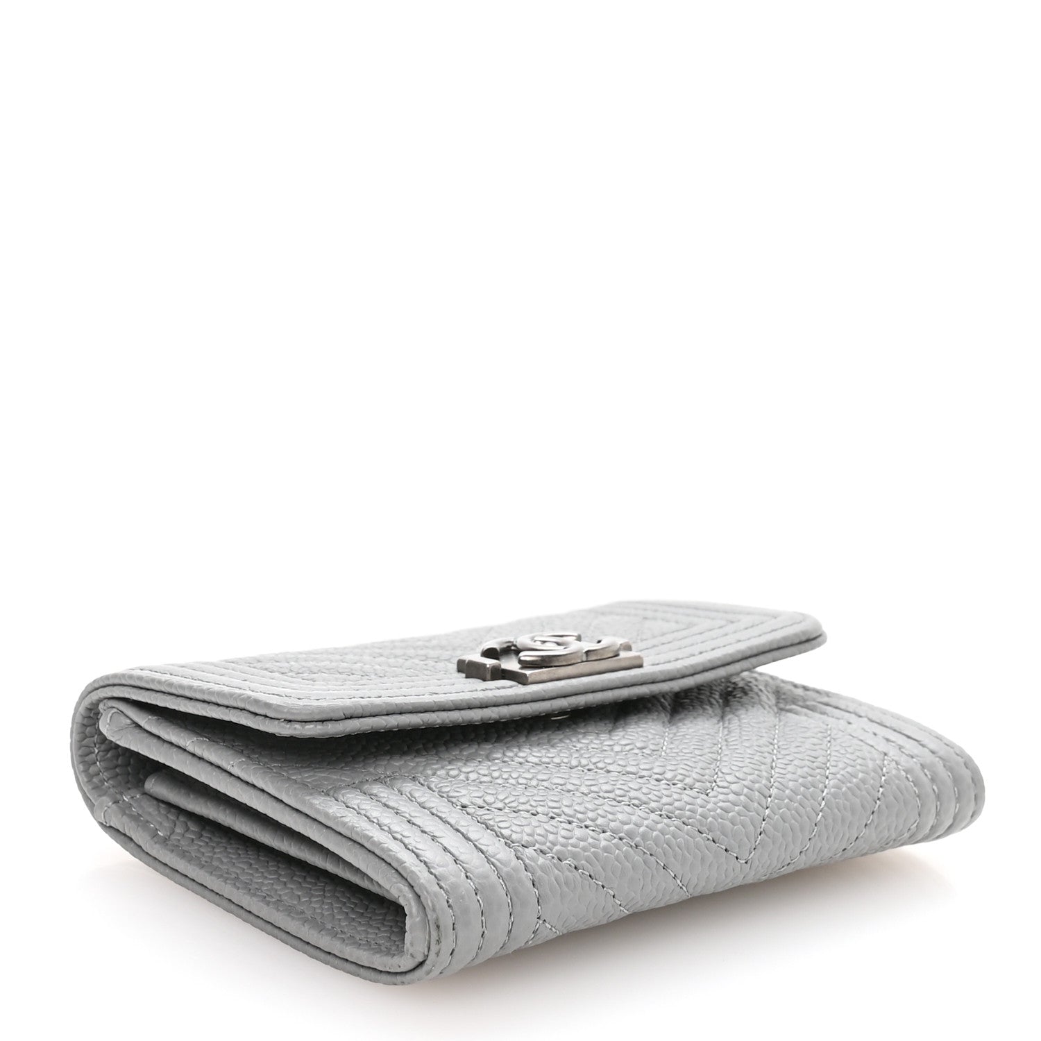 Caviar Chevron Quilted Boy Card Holder Wallet Grey