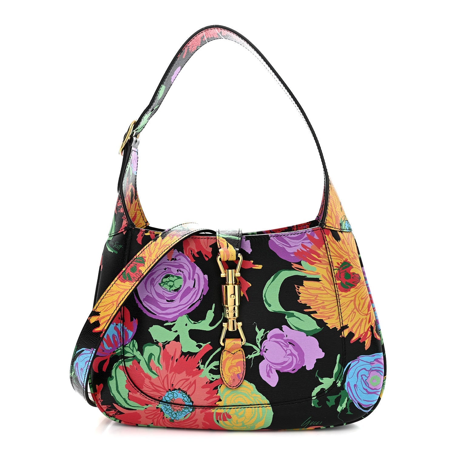 Gucci X KEN SCOTT New Shangai Calfskin Jenny Floral Print Small Jackie 1961 Hobo Black Pink