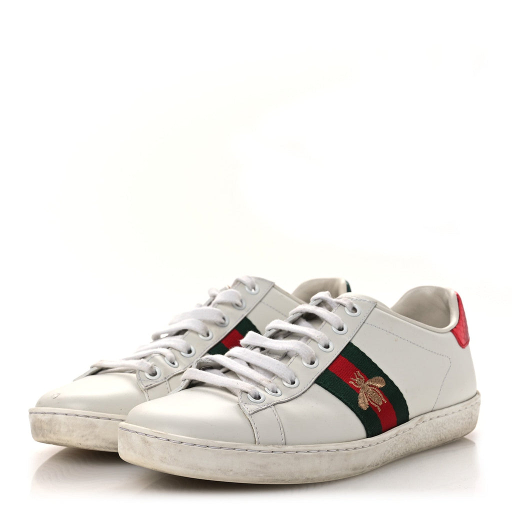 Gucci Calfskin Ayers Bee Embroidered Womens Ace Sneakers 38 White Green