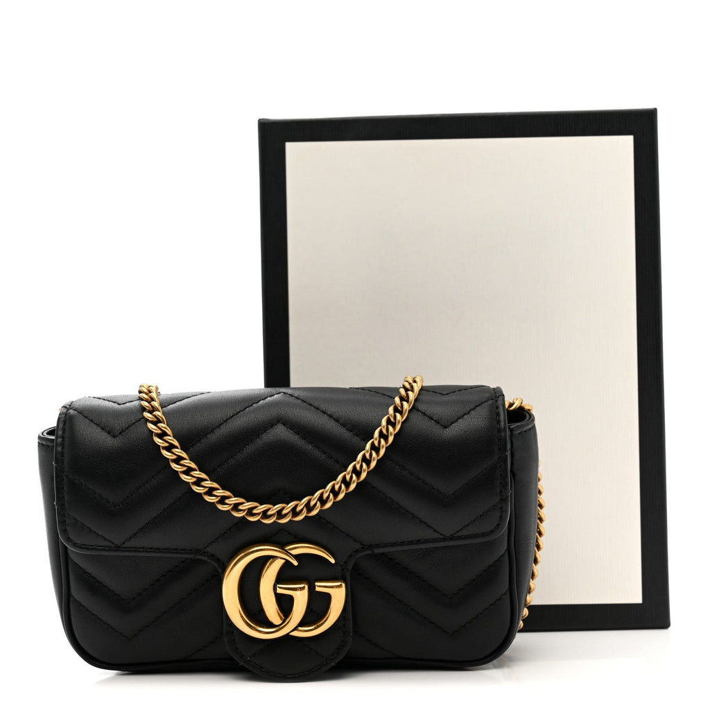 Gucci Calfskin Matelasse Super Mini GG Marmont Shoulder Bag Black