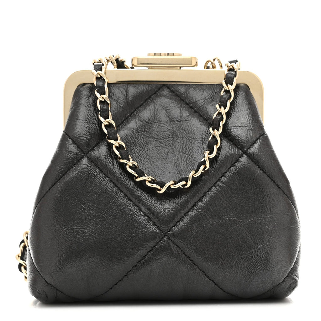 Chanel Shiny Aged Lambskin Quilted Kiss Lock Clutch With Chain Black