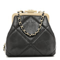 Chanel Shiny Aged Lambskin Quilted Kiss Lock Clutch With Chain Black