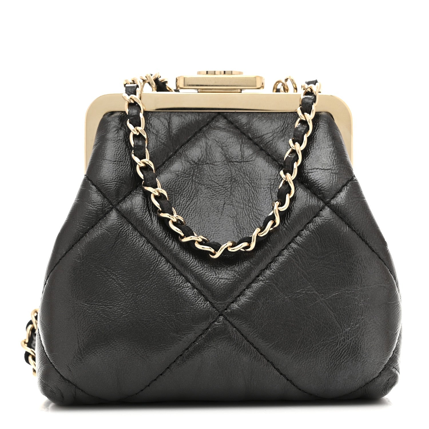 Chanel Shiny Aged Lambskin Quilted Kiss Lock Clutch With Chain Black