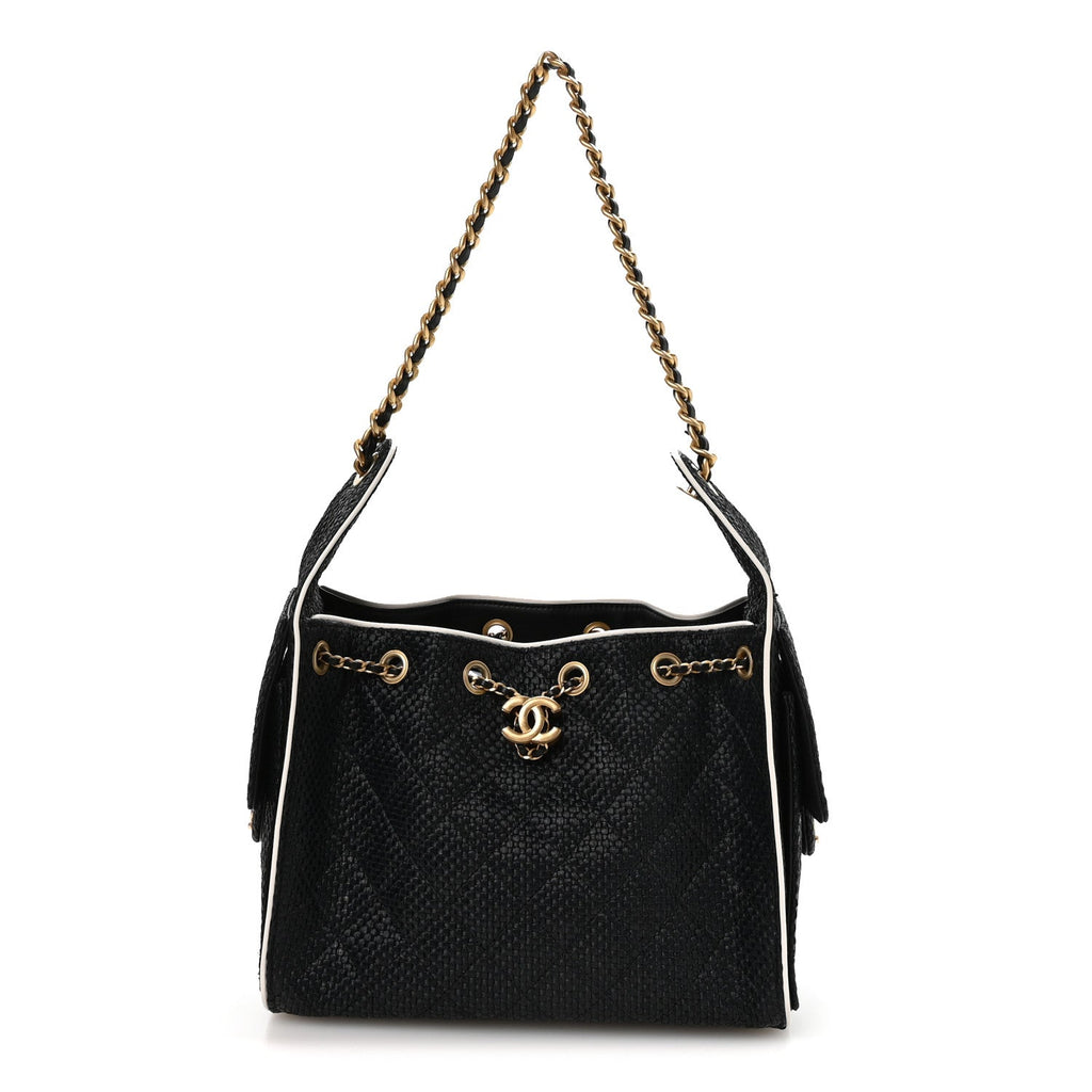 Chanel Braided Raffia Calfskin Small Chanel 25 Handbag Black White
