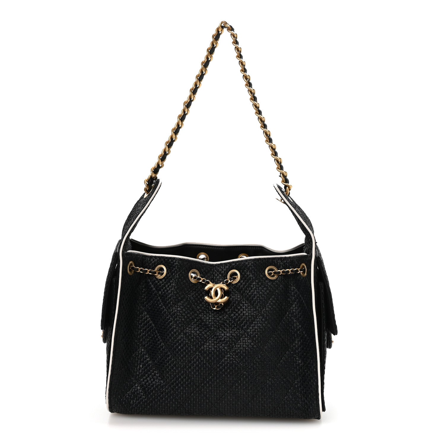 Chanel Braided Raffia Calfskin Small Chanel 25 Handbag Black White