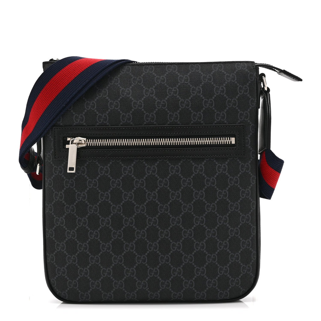 Gucci GG Supreme Monogram Web Small Flat Messenger Bag Black Grey