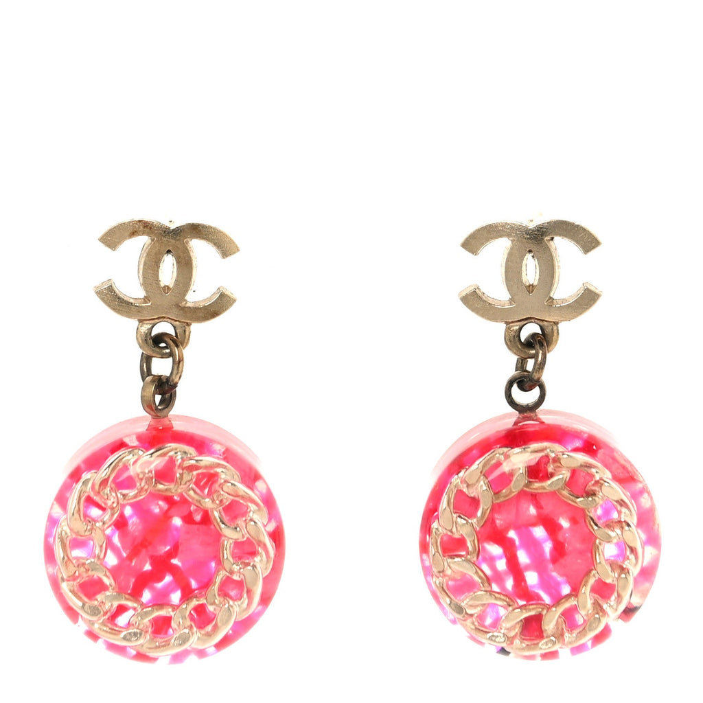Resin Chain Tweed CC Drop Earrings Pink Gold