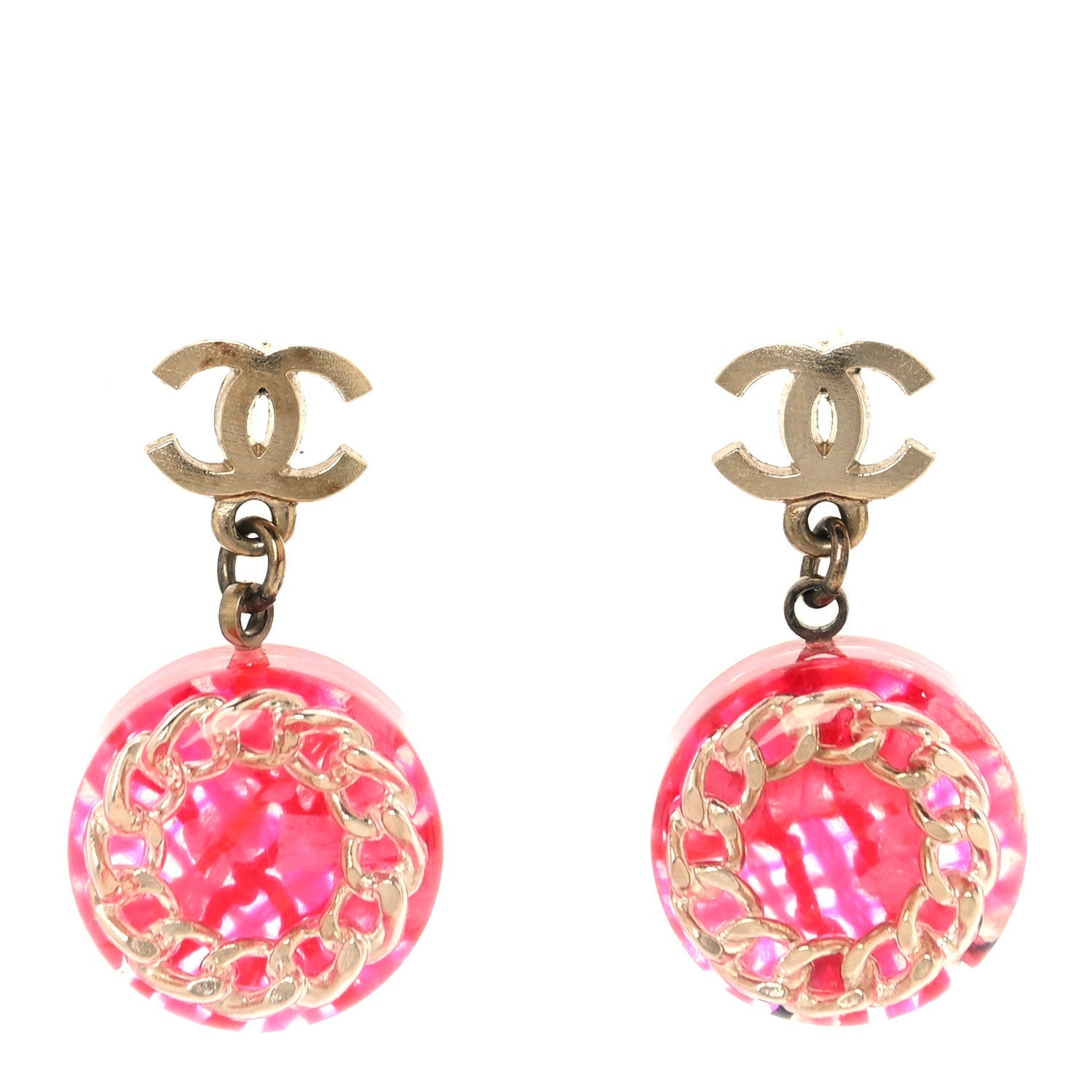 Resin Chain Tweed CC Drop Earrings Pink Gold