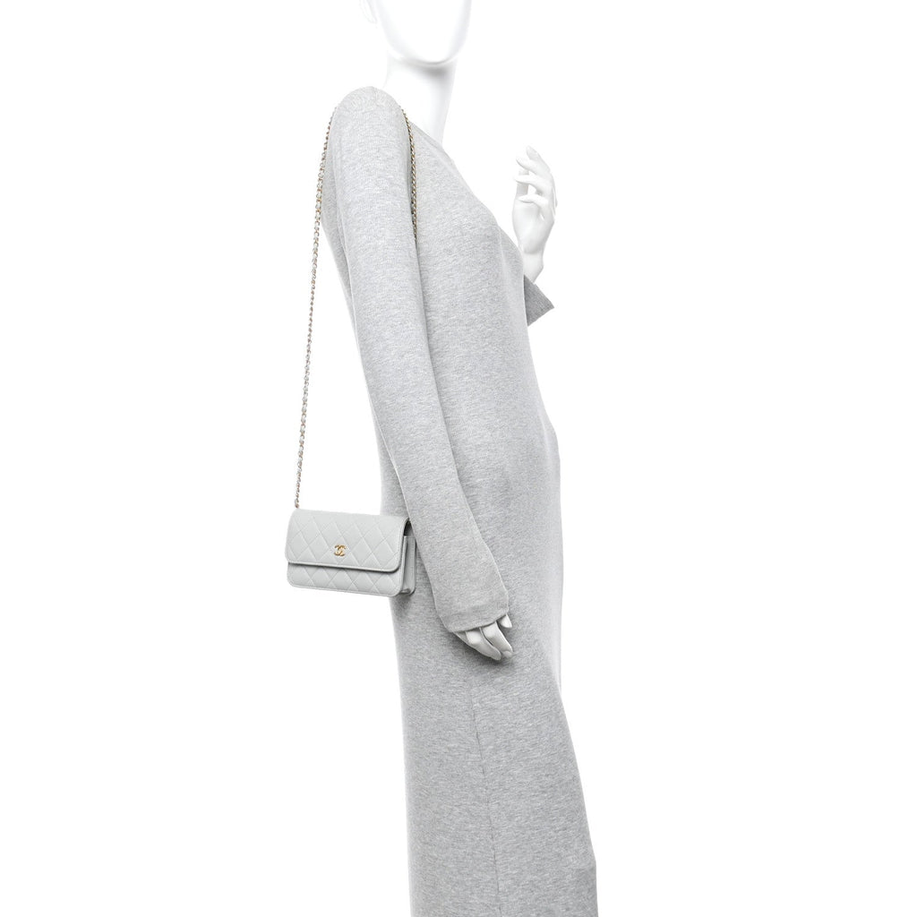 Chanel Lambskin Pearl Crush Quilted Flap Phone Holder With Chain Light Grey
