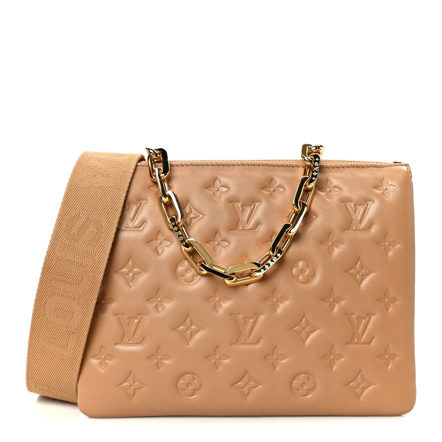 Louis Vuitton Lambskin Embossed Monogram Coussin PM Camel