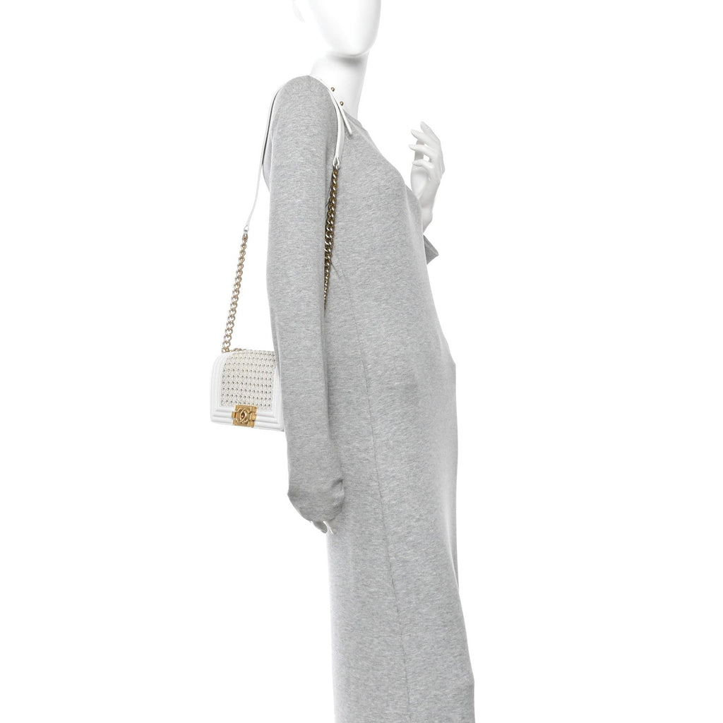 Chanel Sheepskin Braided Small Boy Reverso Flap White
