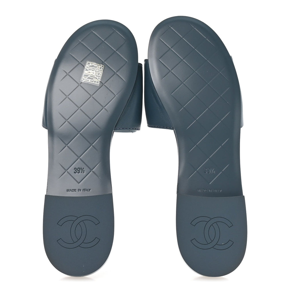 Lambskin Quilted Turnlock Flat Mules 39.5 Dark Blue