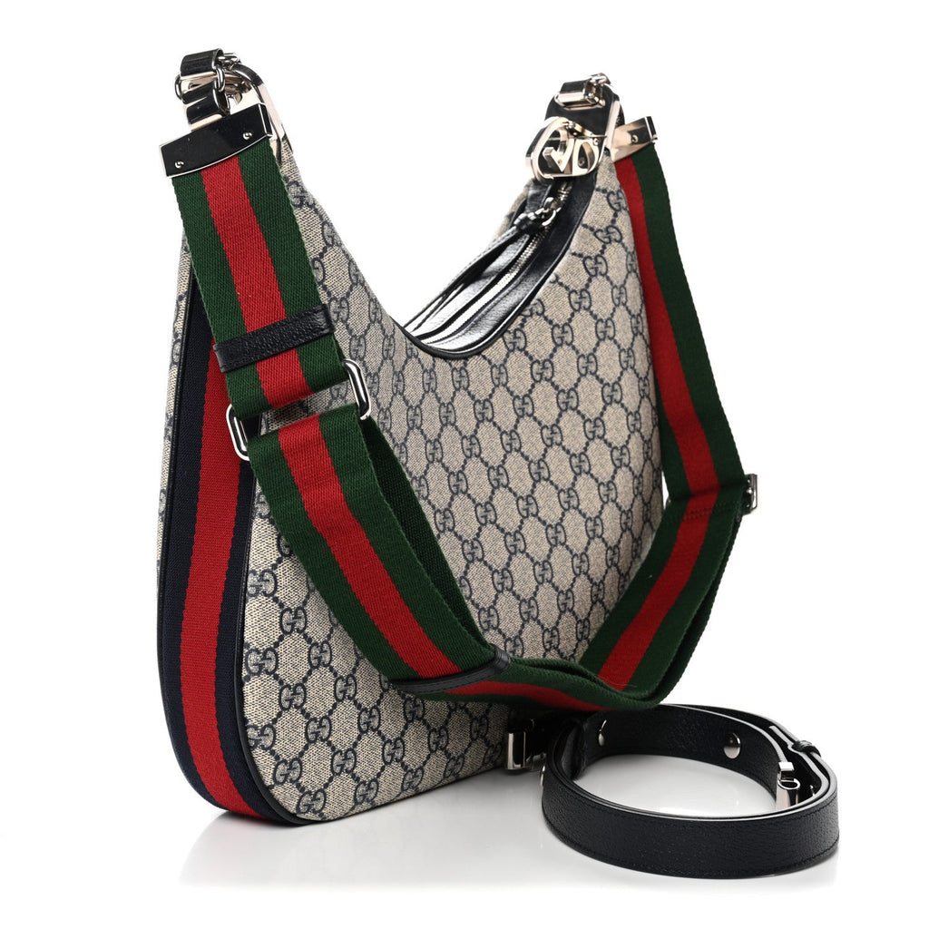Gucci GG Supreme Monogram Textured Calfskin Web Large Attache Shoulder Bag Beige Blue