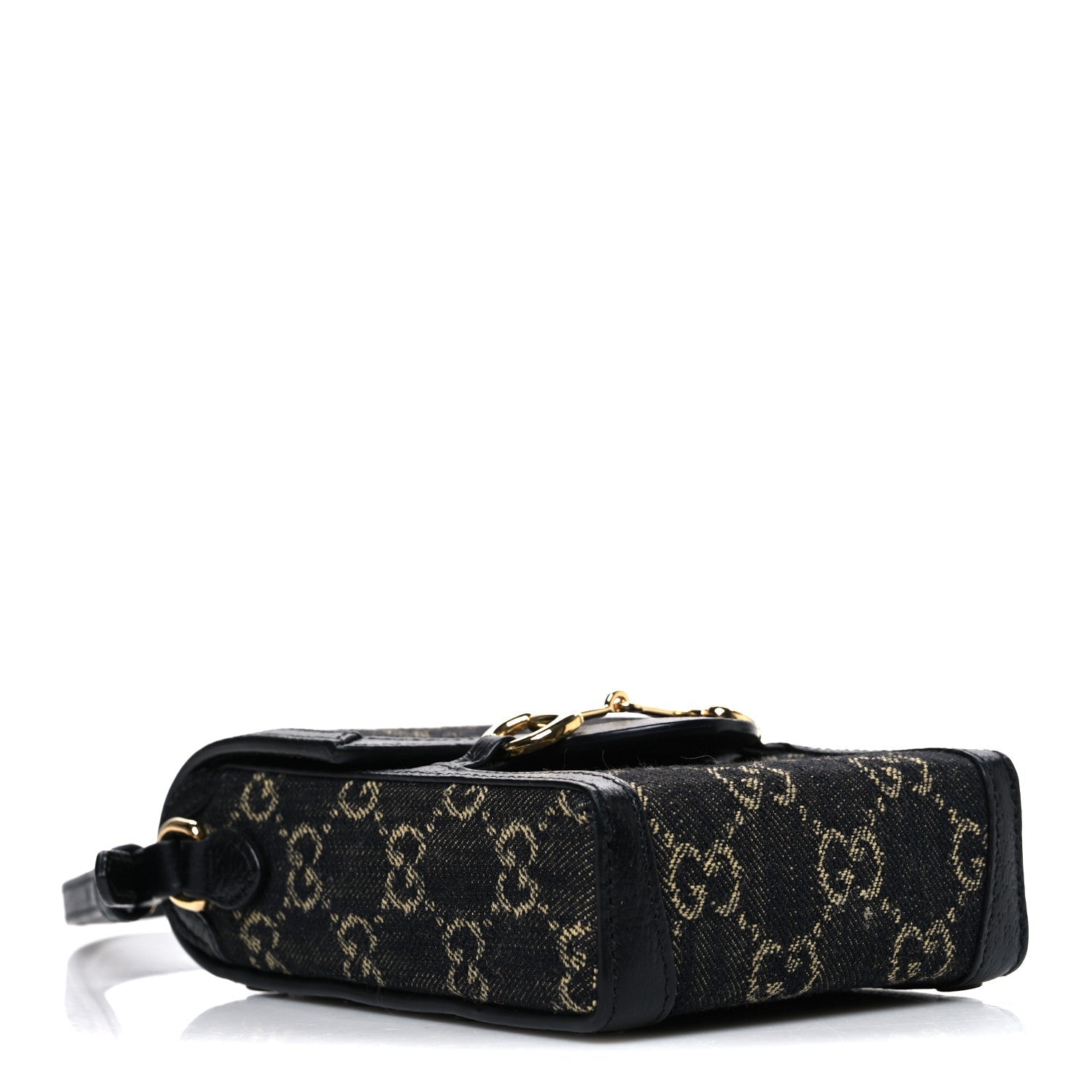 Gucci Jacquard Black Denim GG Monogram Textured Dollar Calfskin Mini Horsebit 1955 Crossbody Bag Black Ivory
