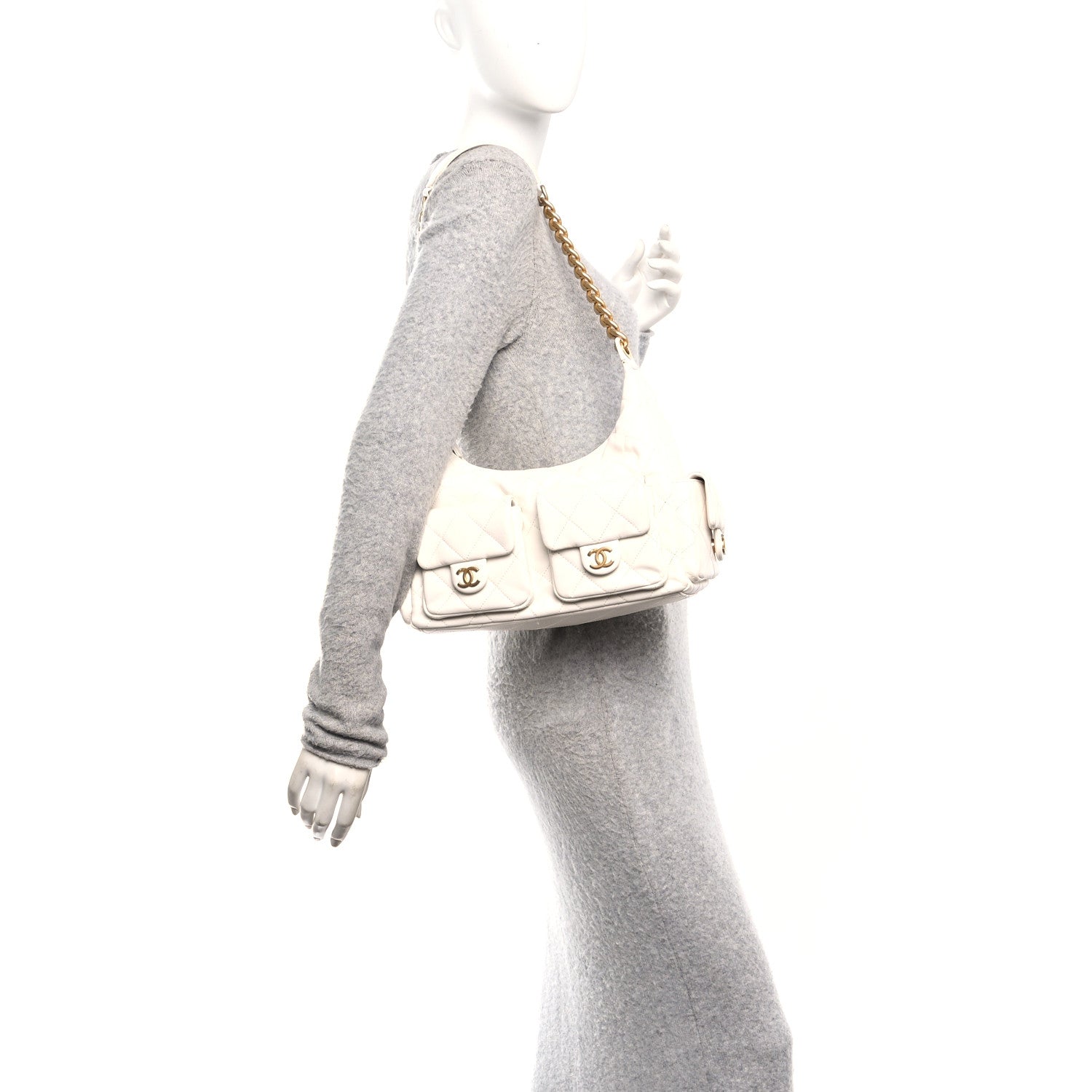 Chanel Shiny Lambskin Quilted Trendy Pockets Hobo White