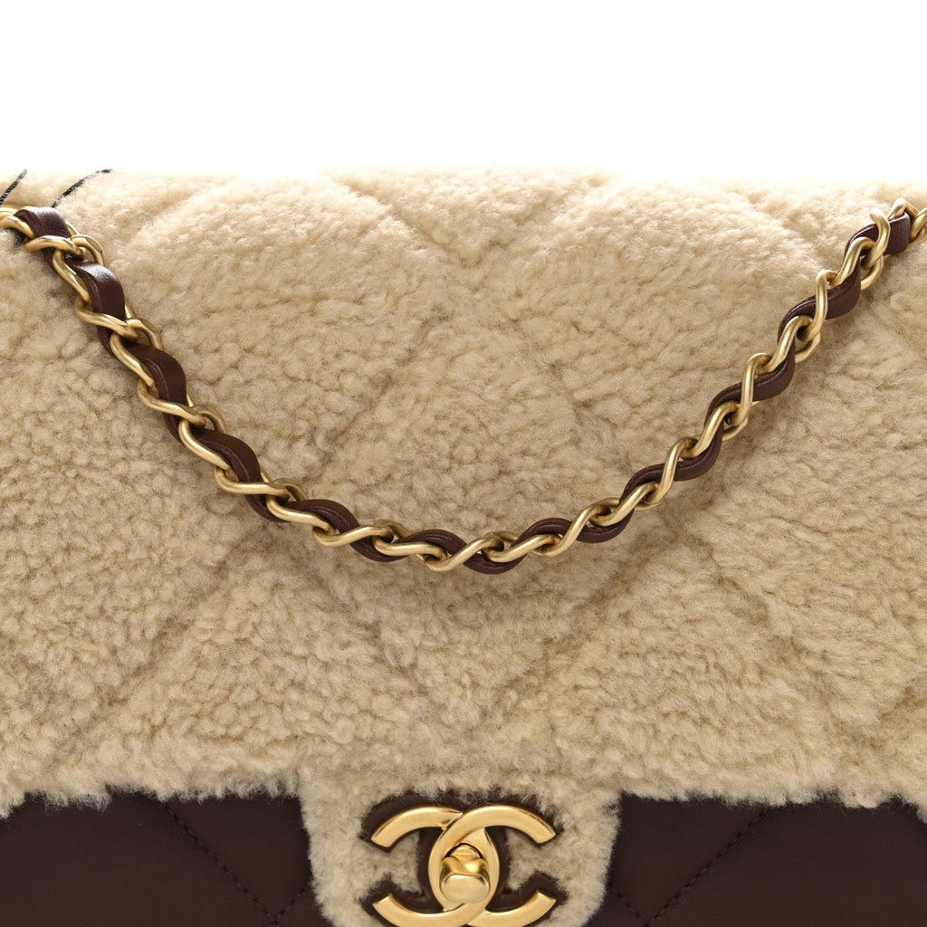 Chanel Shearling Lambskin Quilted Furry Coco Flap Dark Brown Beige