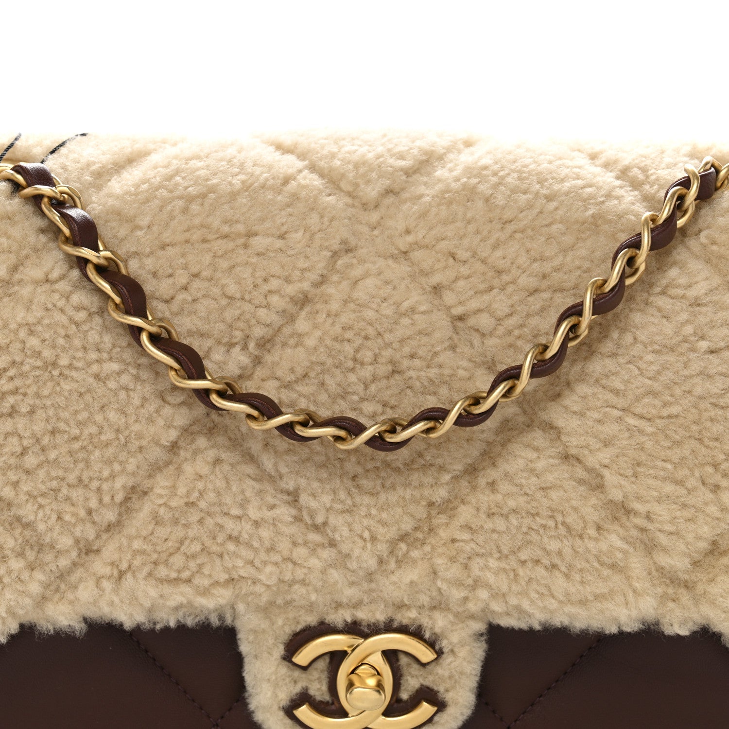 Chanel Shearling Lambskin Quilted Furry Coco Flap Dark Brown Beige