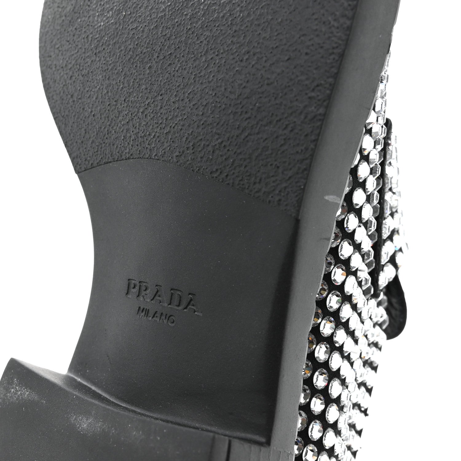 Prada Satin Crystal Metal Triangle Logo 50mm Loafers 36.5 Cristal