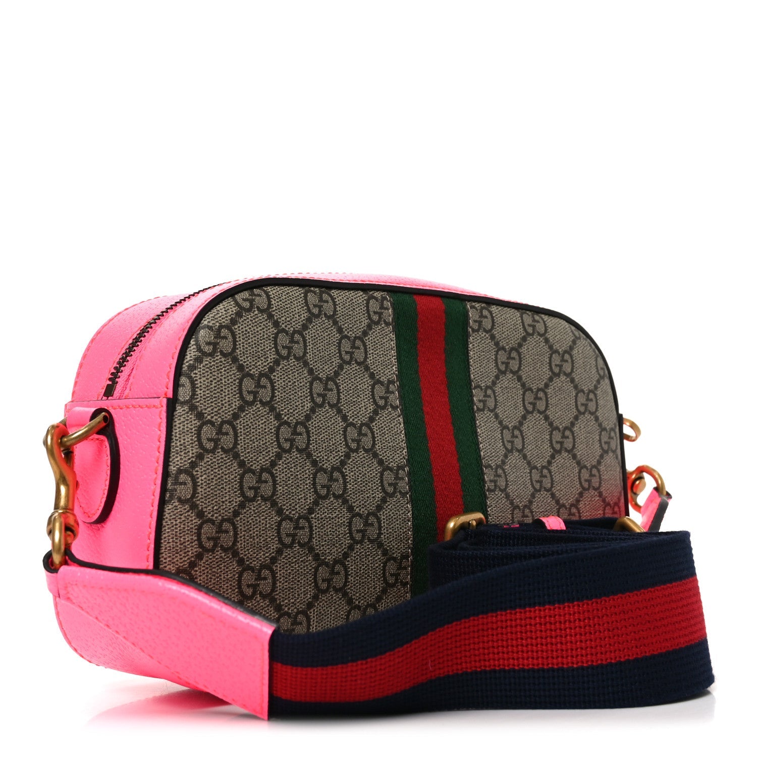 Gucci GG Supreme Monogram Textured Dollar Calfskin Web Ophidia Small Crossbody Bag Beige Ebony Fuchsia