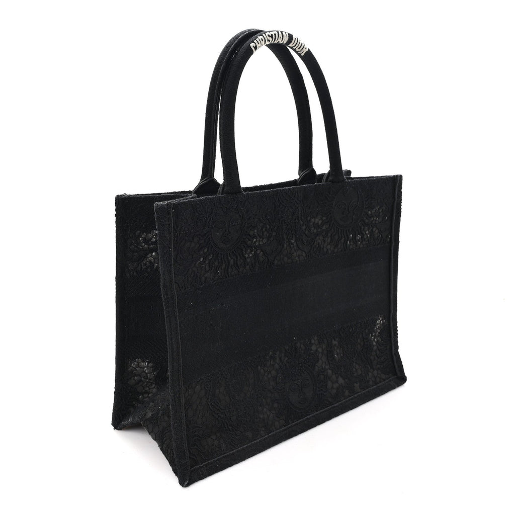 Christian Dior Canvas Embroidered Mesh Macrame Medium Toile de Jouy Soleil Book Tote Black