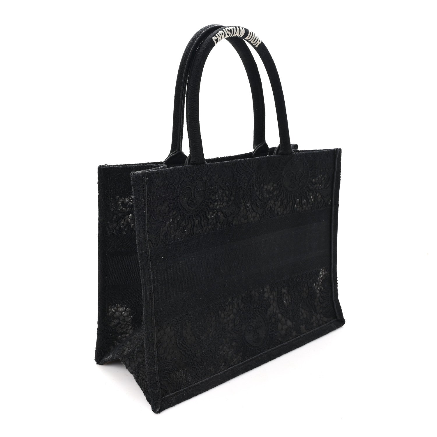 Christian Dior Canvas Embroidered Mesh Macrame Medium Toile de Jouy Soleil Book Tote Black