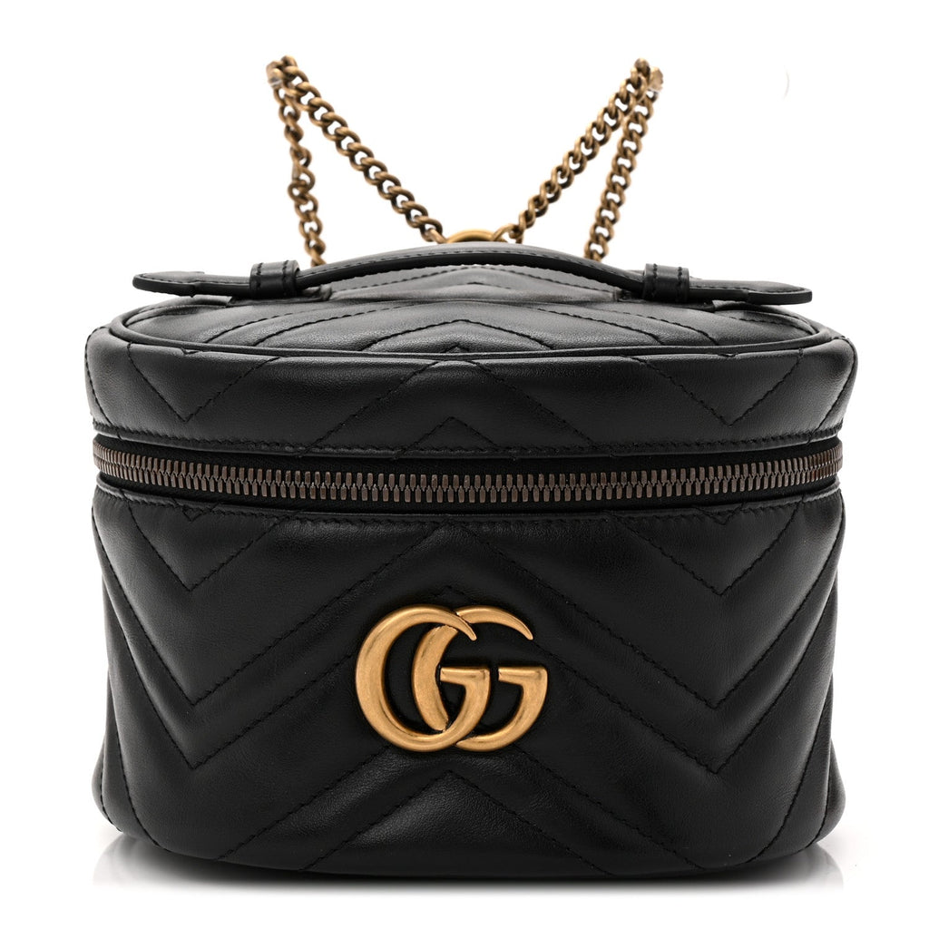 Gucci Calfskin Matelasse Chevron Mini GG Marmont Top Handle Bag Black