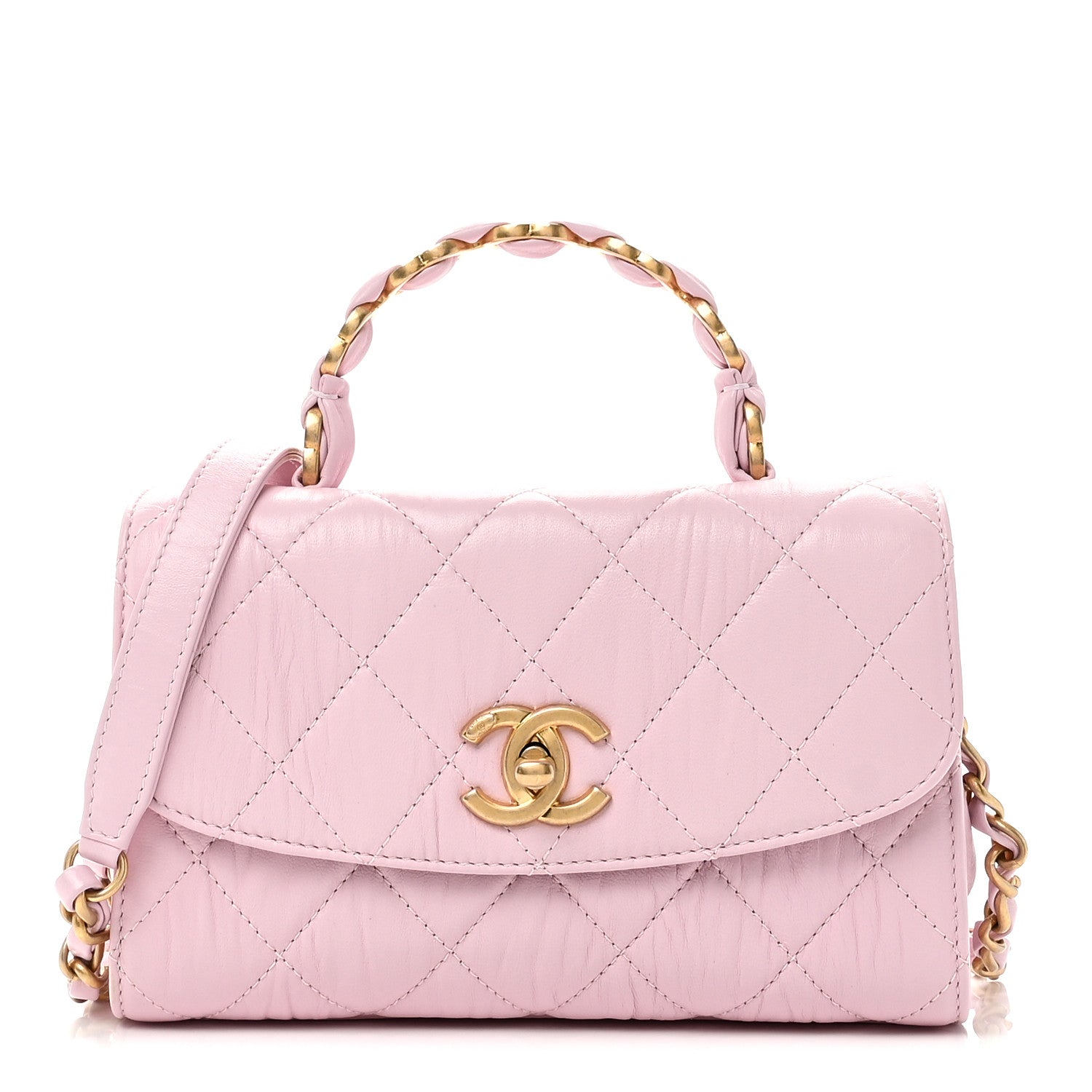 Chanel Crumpled Lambskin Quilted Mini CC Links Top Handle Flap Light Pink