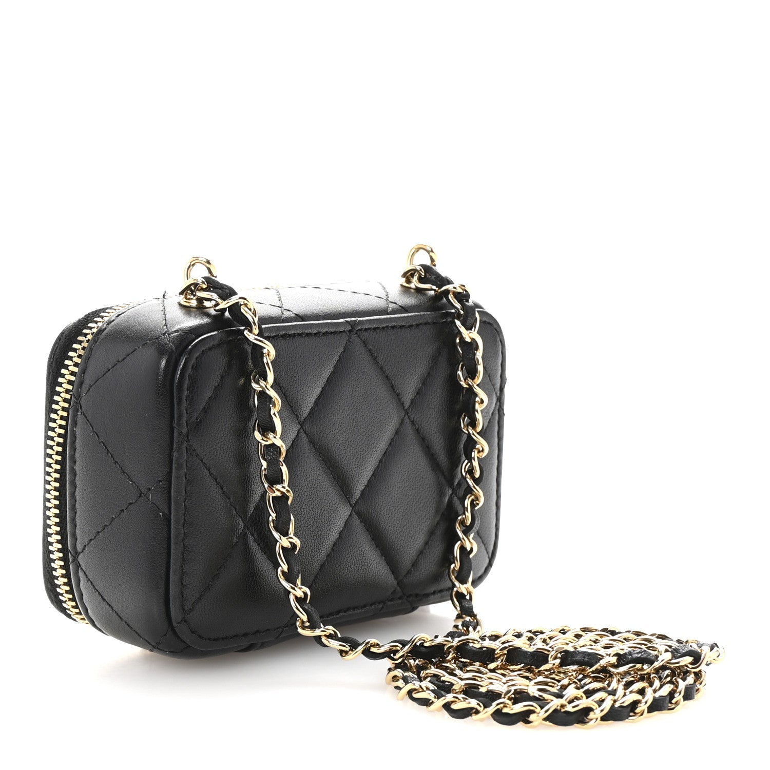 Chanel Lambskin Metal Quilted Extra Mini Vanity Case With Chain Black Gold
