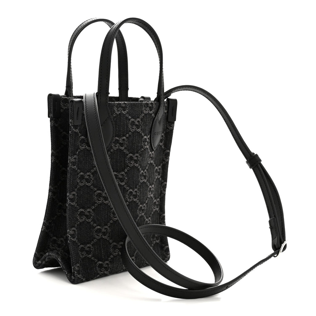 Gucci Denim Cuoio Harness GG Monogram Mini Ophidia Tote Bag Black Medium Grey