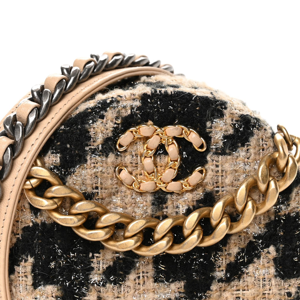 Chanel Wool Tweed Lambskin Quilted Chanel 19 Round Clutch With Chain and Coin Purse Beige Black