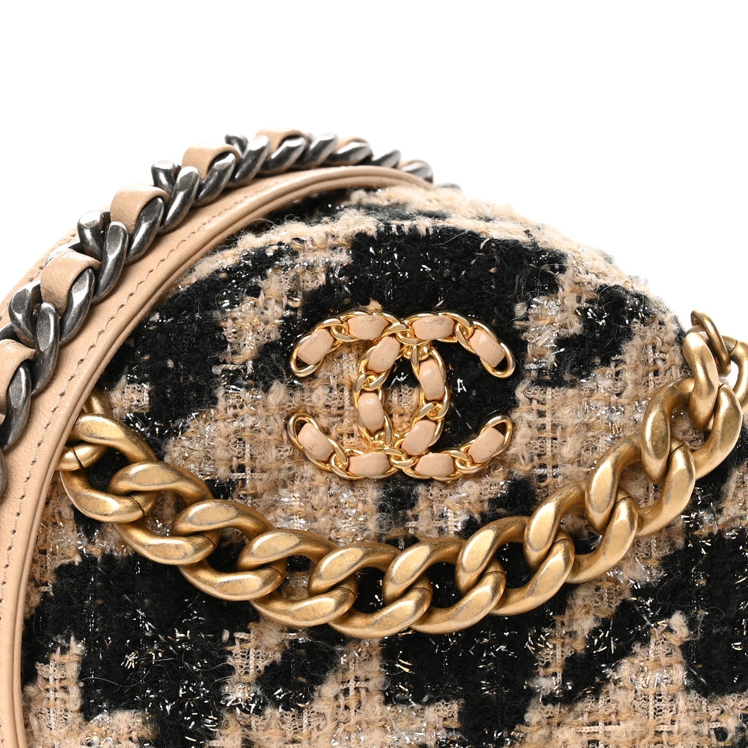 Chanel Wool Tweed Lambskin Quilted Chanel 19 Round Clutch With Chain and Coin Purse Beige Black