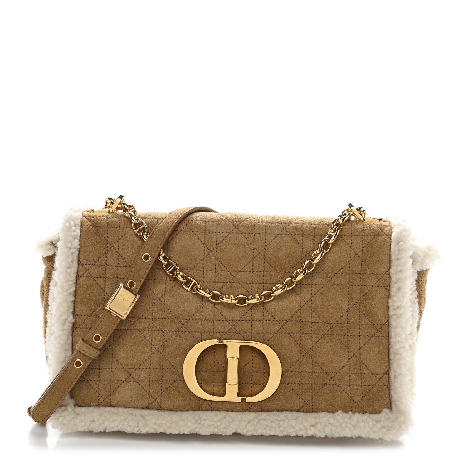 Christian Dior Shearling Cannage Large Caro Bag Camel