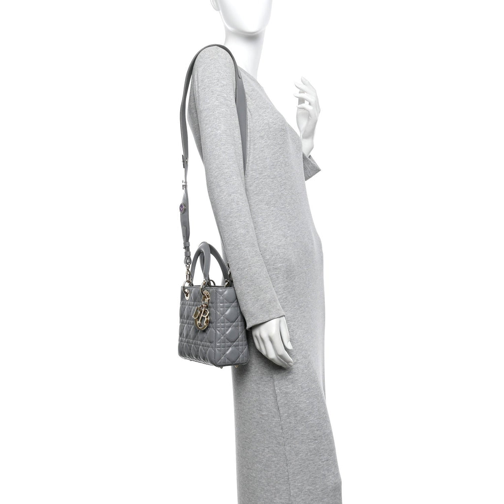 Christian Dior Lambskin Cannage Small My Lucky Badges My Lady Dior Grey